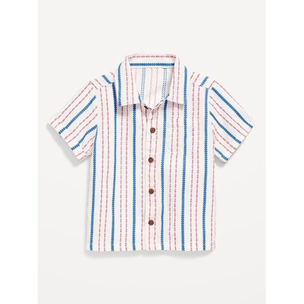 Old Navy Boys 4T Button Down Shirt Red Blue Stripe Short Sleeve Cotton
